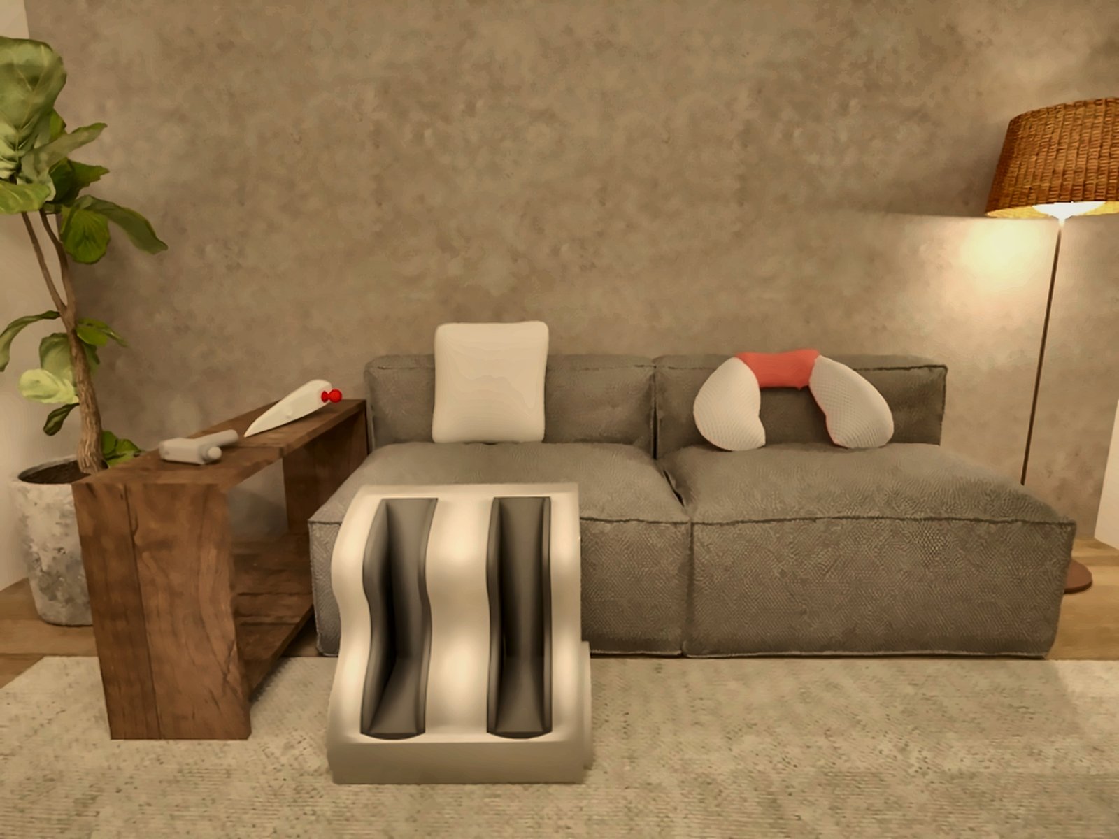 Zona de relaxamento com sofá modular e massageador de pés Lunins